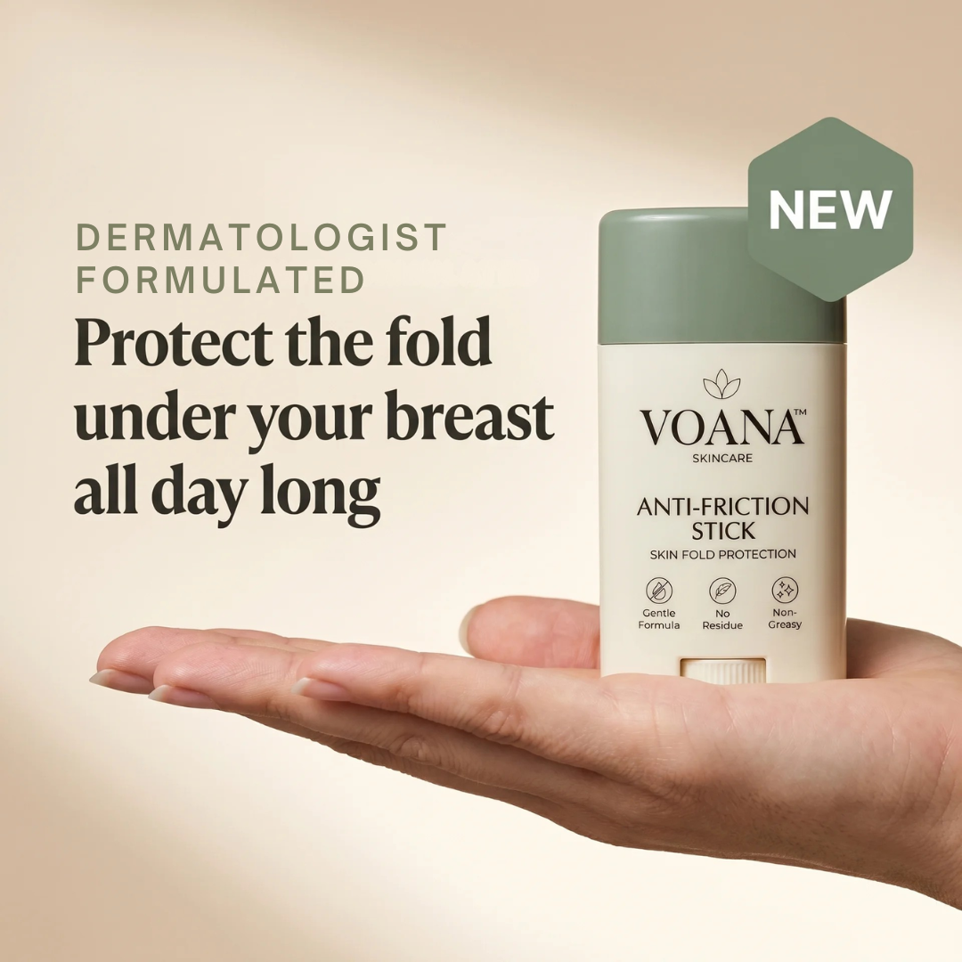 VOANA Anti-Friction Stick works across under-breast, belly fold, and inner thigh contact zones